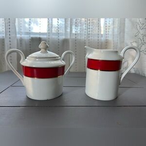 Red Band Porcelain Creamer & Sugar Bowl Set Vintage